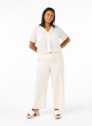 Hose mit hoher Taille aus Baumwolle und Leinen, Whitecap Gray, Model image number 0