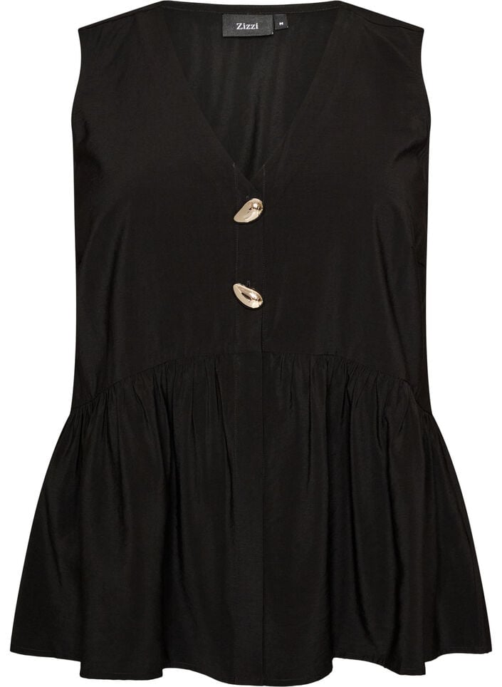 &Auml;rmellose Sch&ouml;&szlig;chenbluse mit dekorativen Kn&ouml;pfen, Schwarz, Packshot image number 0
