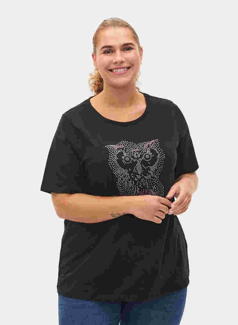 T-Shirt mit Nieten aus Bio-Baumwolle, Black Owl, Model image number 0