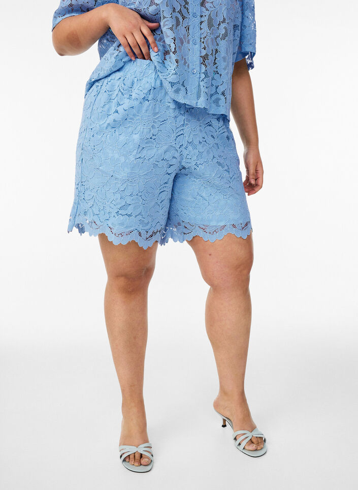 Shorts aus Spitze mit hoher Taille und Taschen, Blau, Packshot image number 2