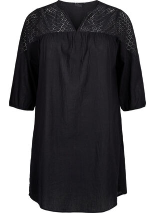 Kleid aus einer Baumwollmischung mit Leinen und Häkeldetails, Black, Packshot image number 0