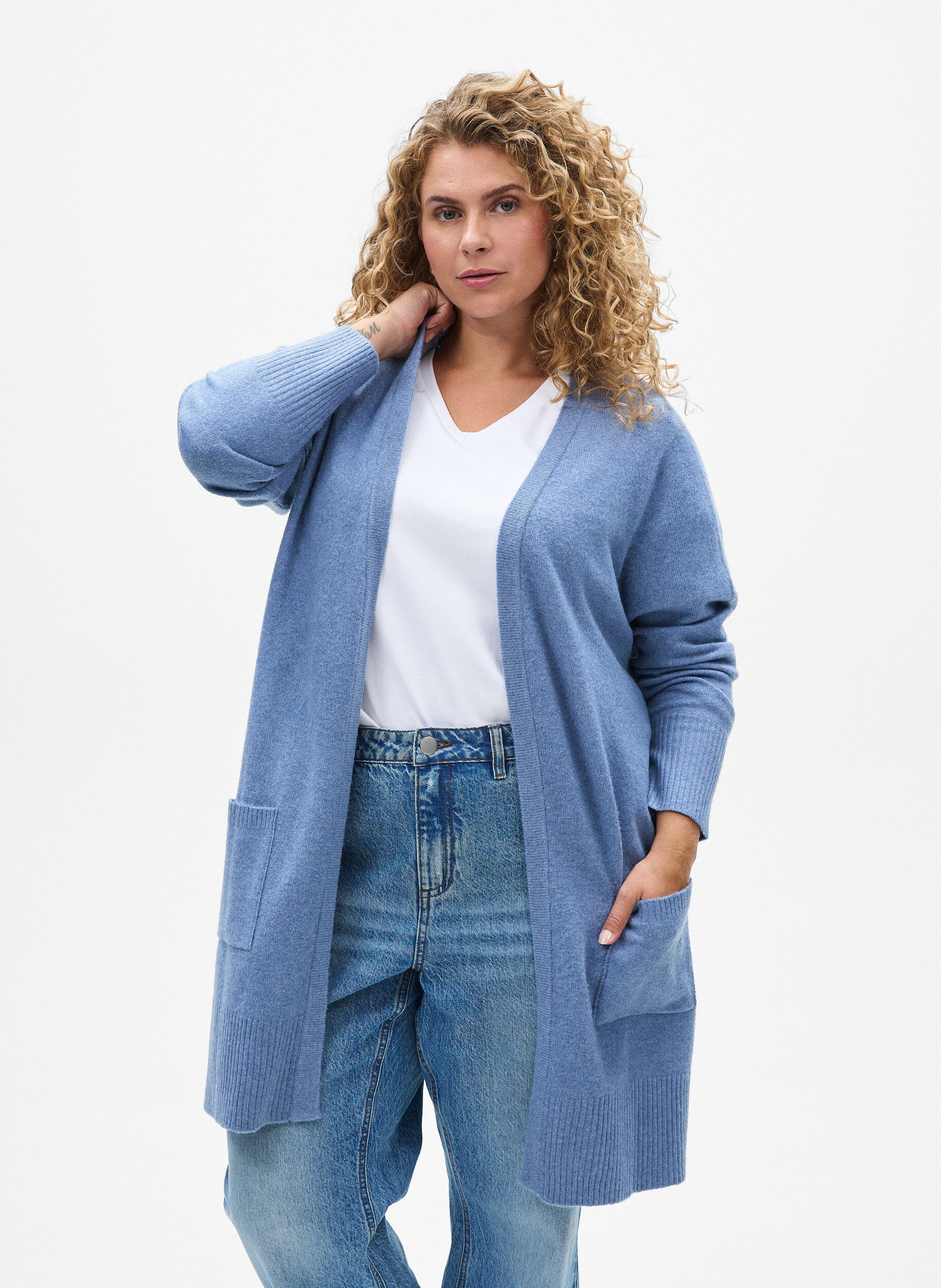 ZizziStrickjacke mit Rippenstrick und Taschen, Blau, Model image number 0