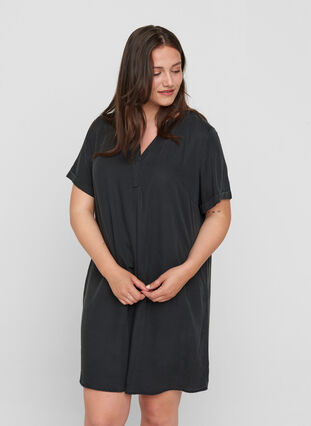 Kurzarm Kleid mit V-Ausschnitt, Black, Model image number 0