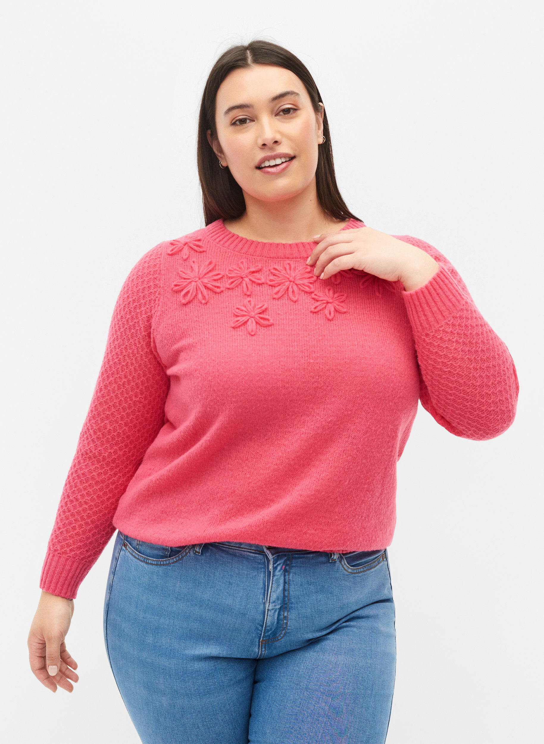ZizziStrickbluse mit Blumendetails, Hot Pink, Model image number 0