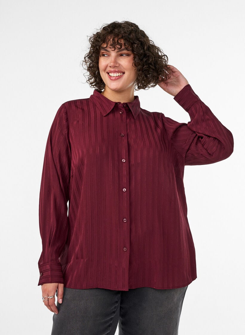 Bluse mit Strukturstreifen und Glitzerf&auml;den, Rot, Model image number 0
