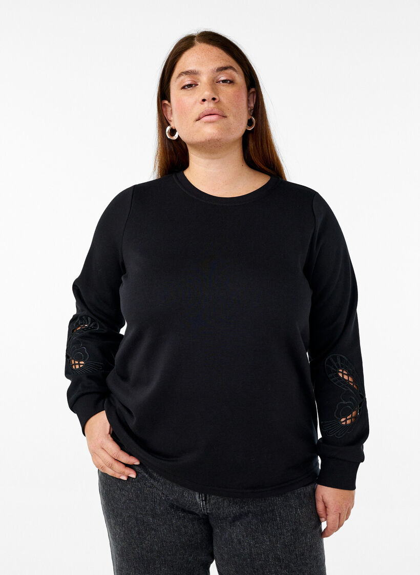 Sweatshirt mit aufgestickten Cut-Outs, Black, Model image number 0