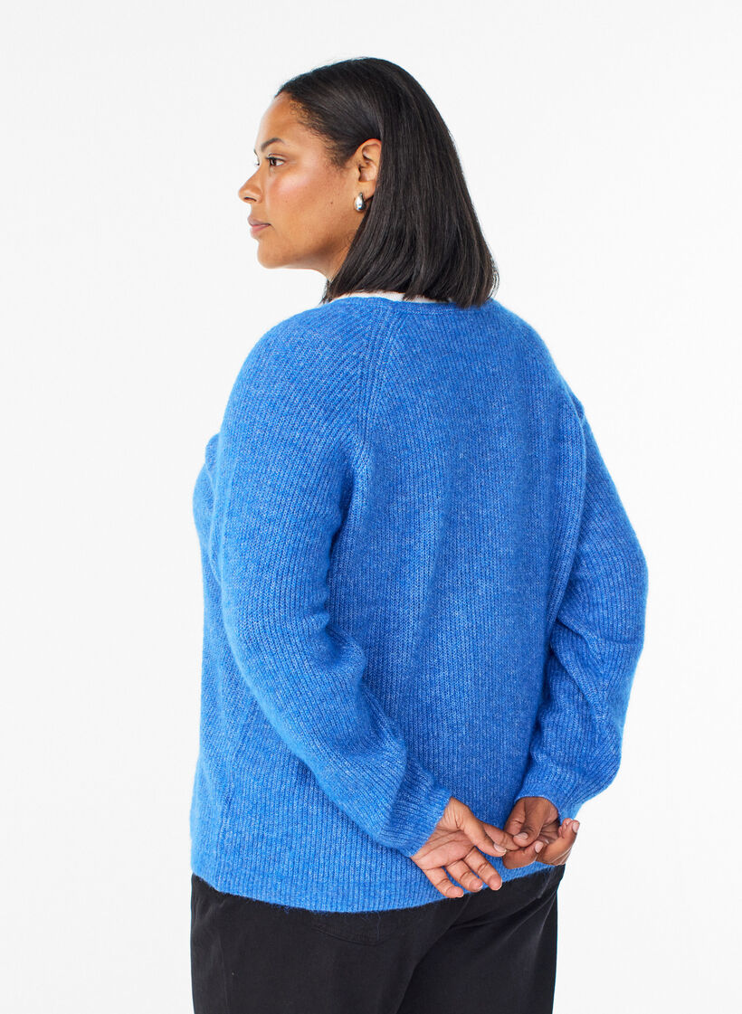 Strickbluse mit V-Ausschnitt und Raglan&auml;rmeln, Blau, Model image number 2