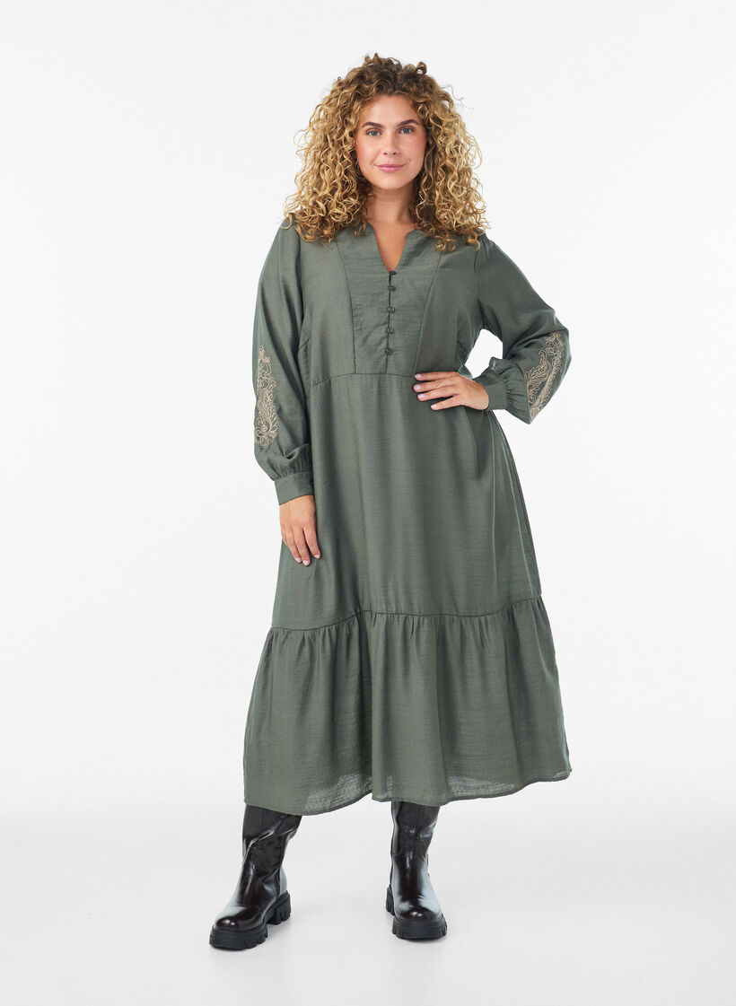 Kleid aus Viskose mit Stickerei und Stufenvolants, Gr&uuml;n, Model image number 0
