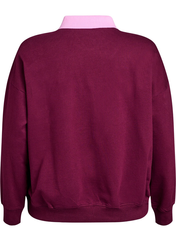 Sweatshirt aus Bio-Baumwolle mit Kragen und Kontrastprint, Dunkles Bordeaux, Packshot image number 1