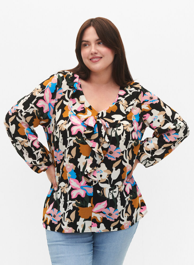 Bedruckte Bluse mit Rüschen , Black Multi Flower, Model image number 2
