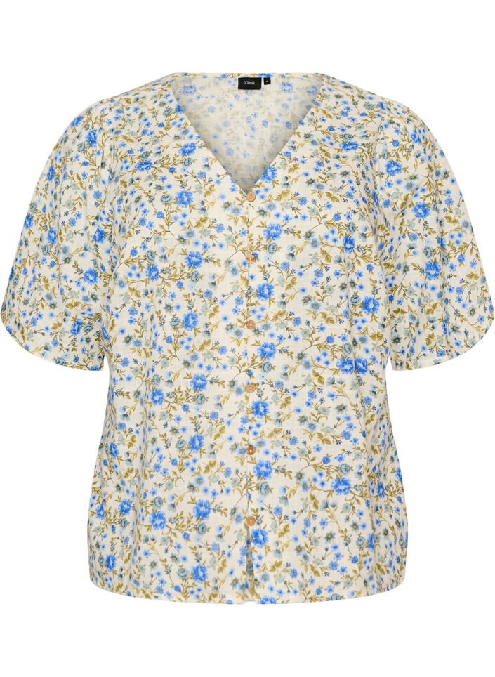 Kurz&auml;rmelige Bluse aus Baumwolle mit V-Ausschnitt, Blau, Packshot