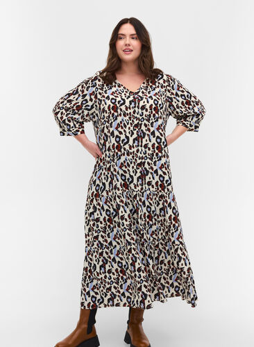 Bedrucktes Kleid mit V-Ausschnitt und 3/4-Ärmeln, White Leo Print, Model image number 0