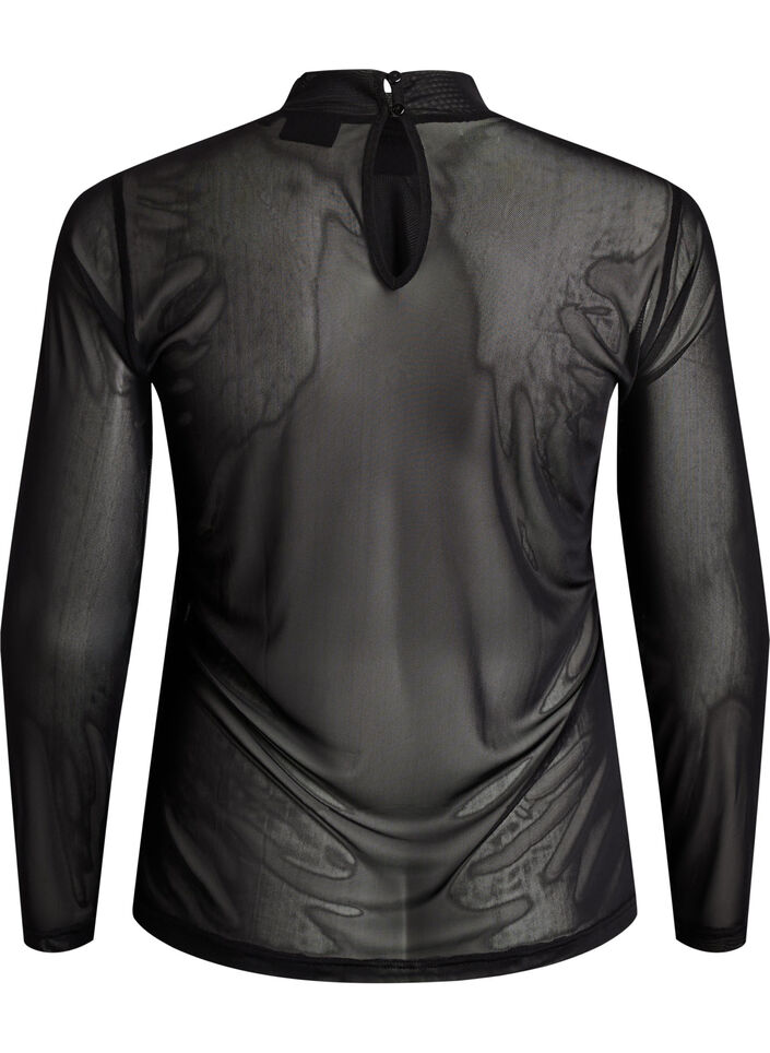 Enganliegende Mesh-Bluse mit langen &Auml;rmeln, Schwarz, Packshot
