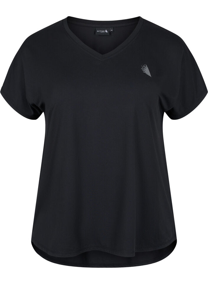 Kurzarm Trainingsshirt mit V-Ausschnitt, Black, Packshot image number 0