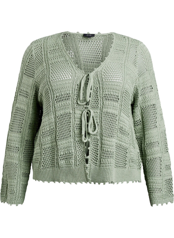 Strickjacke mit Bindebändern und Lochmuster, Grün, Packshot image number 0