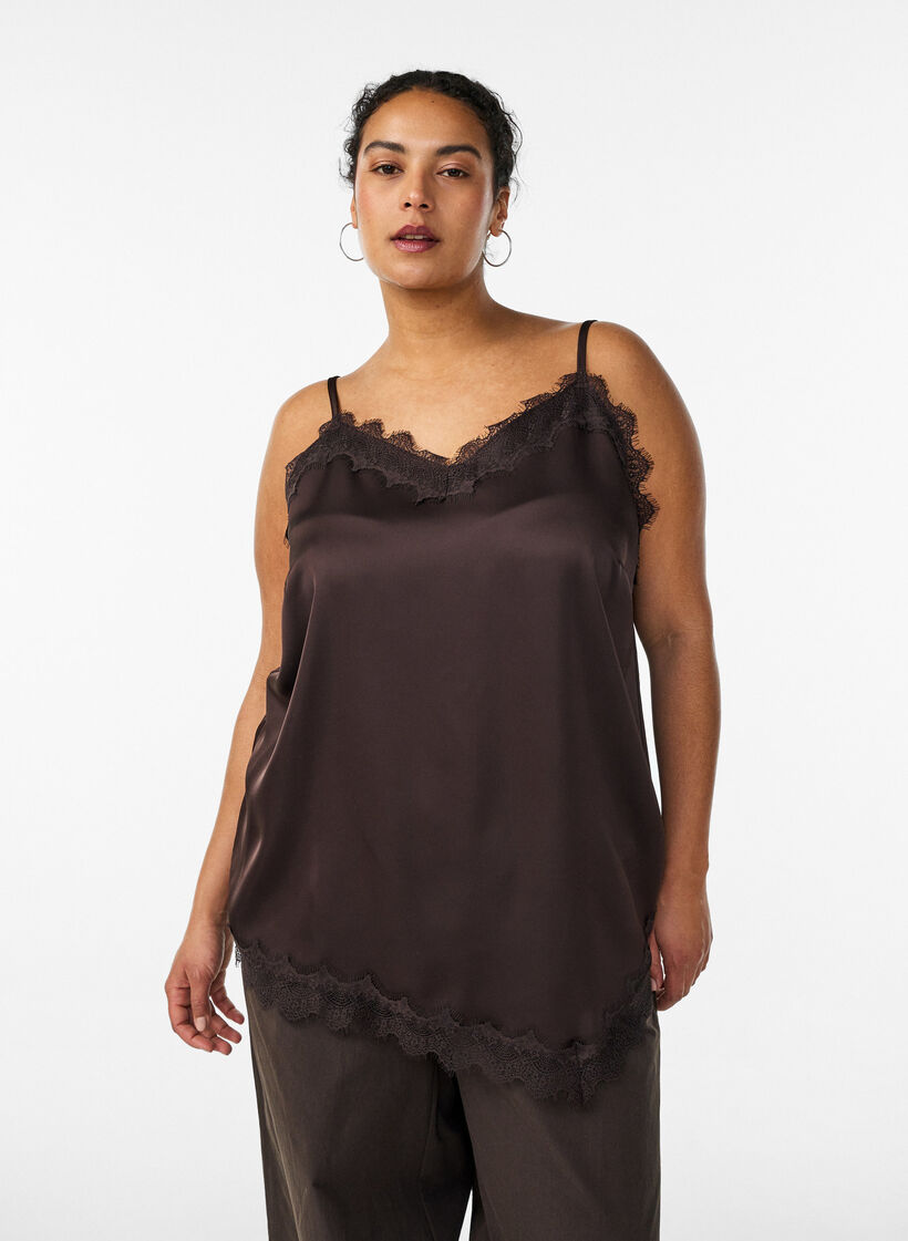 Top aus Satin mit Spitzen und asymmetrischem Saum, Braun, Model image number 0