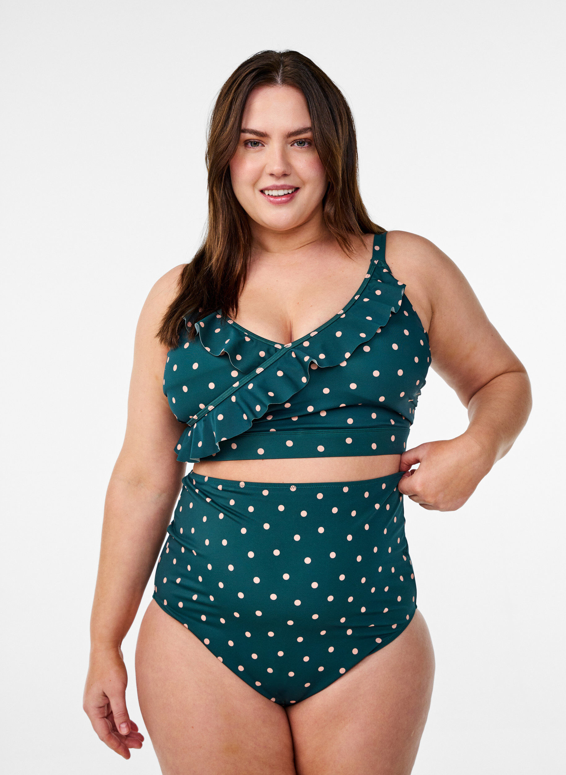 Hoch taillierte Bikinihose mit Polka Dots., Gr&uuml;n, Model