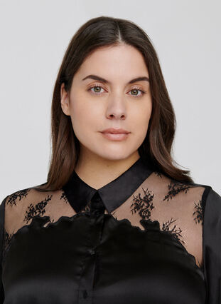 Bluse mit Mesh und Spitzendetails, Black, Model image number 2