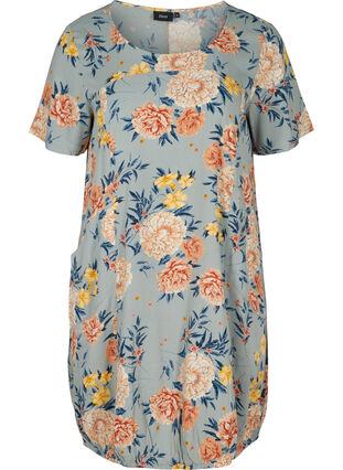 Kurzarm Viskosekleid mit Print, Light Blue Flower, Packshot image number 0