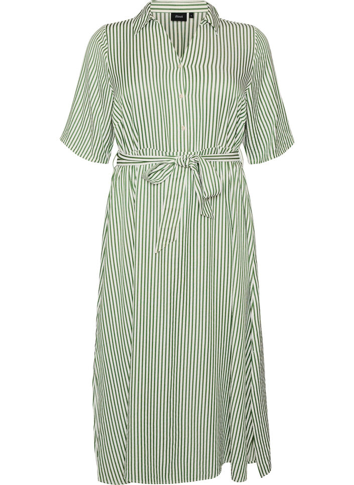 Kn&ouml;chellanges Hemdblusenkleid mit Bindeg&uuml;rtel und Streifen, Gr&uuml;n, Packshot image number 0