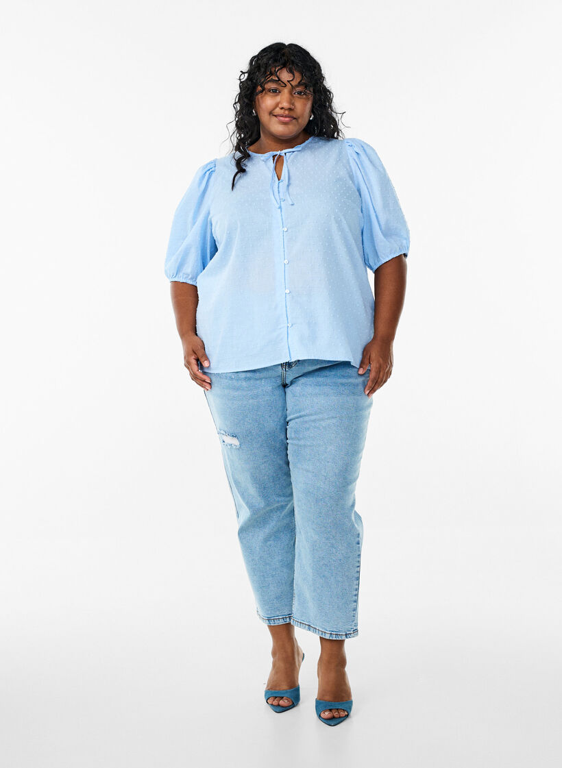 Bluse mit Bindeband und gepunkteter Textur, Blau, Model image number 1