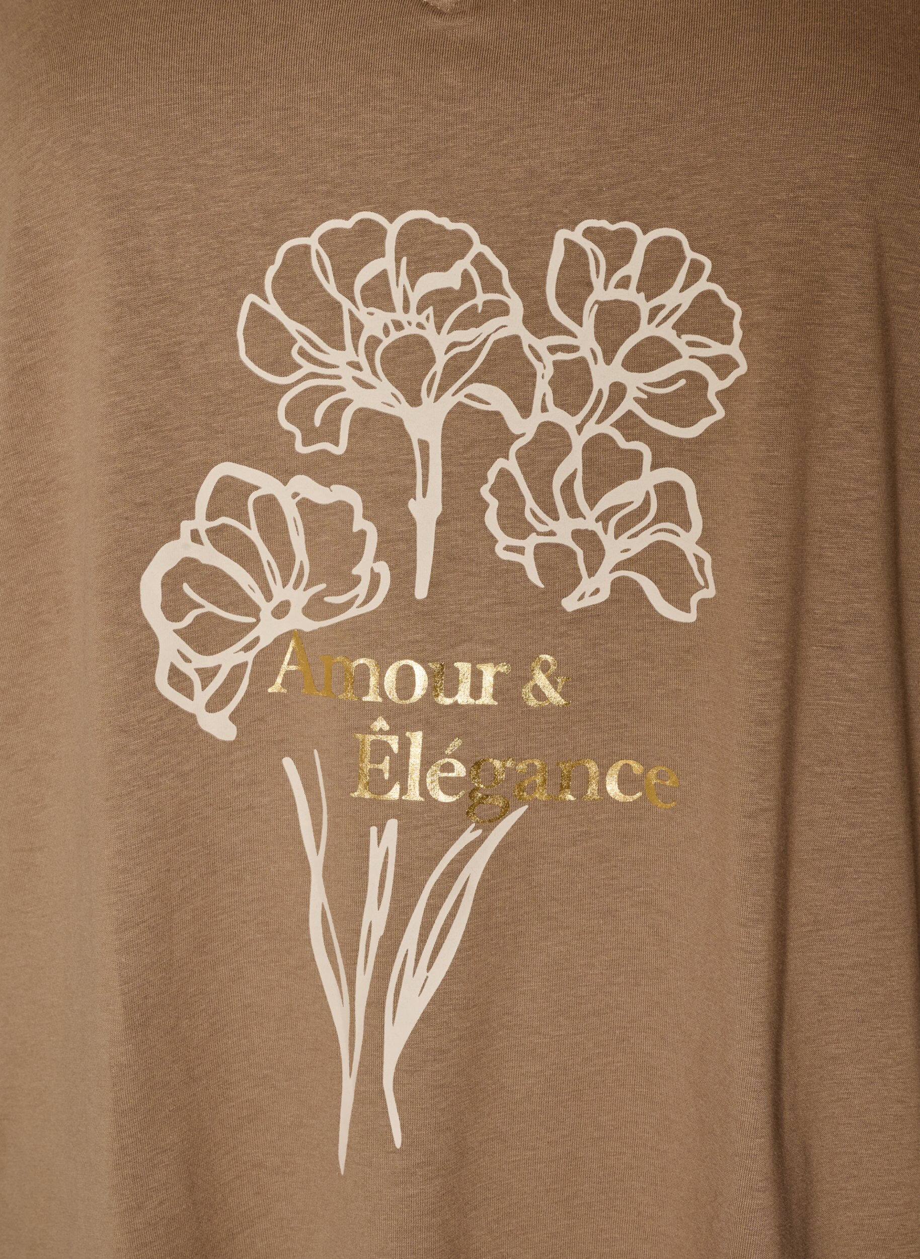 ZizziCotton T-shirt with front print and V-neck, Brown, Packshot image number 2