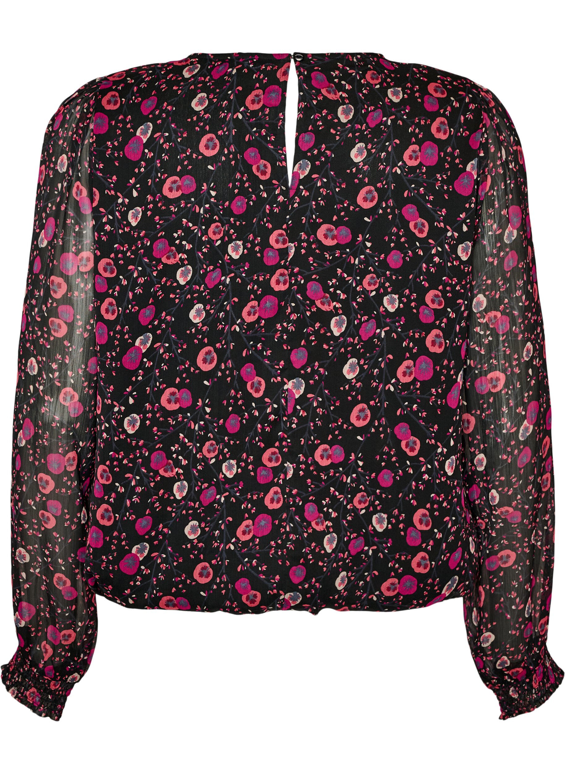 ZizziGebl&uuml;mte Bluse aus Chiffon mit transparenten &Auml;rmeln, Schwarz, Packshot image number 1