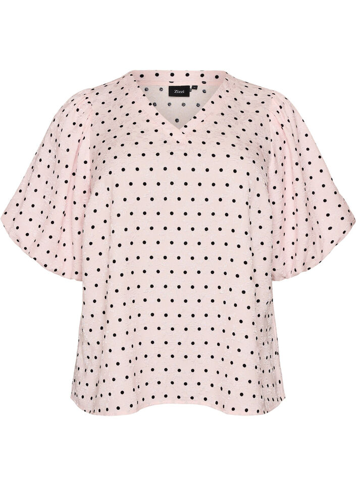 Bluse mit Polka-Dot-Muster und Ballon&auml;rmeln, Pink, Packshot image number 0