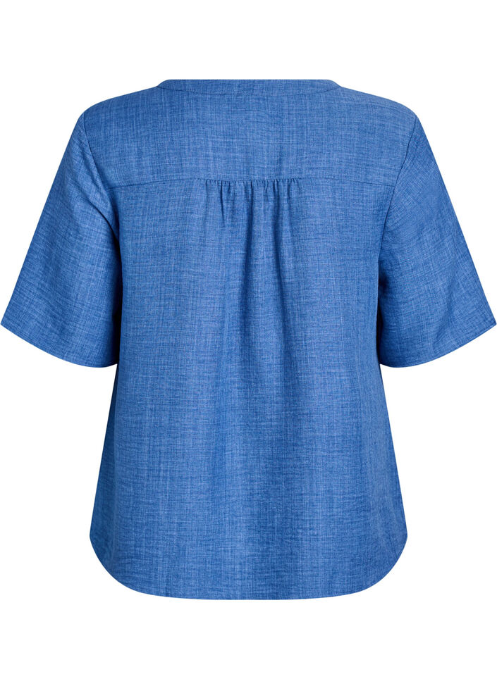 Hemdbluse mit V-Ausschnitt und kurzen &Auml;rmeln, Blau, Packshot image number 1