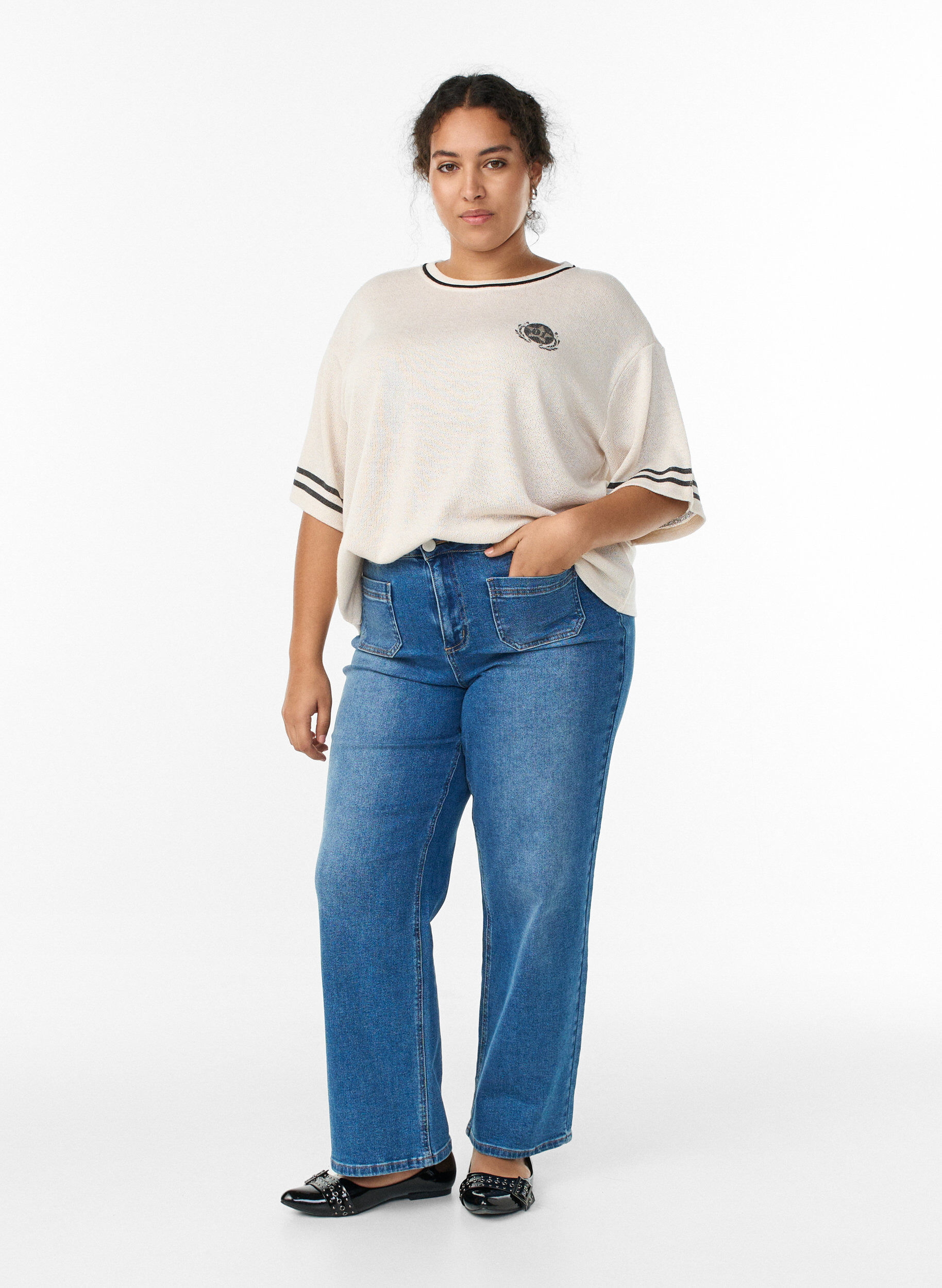 ZizziKurz&auml;rmelige Bluse mit Kontraststreifen, Beige, Model image number 1