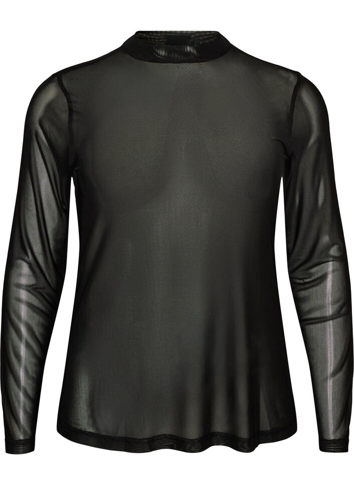 Enganliegende Mesh-Bluse mit langen &Auml;rmeln, Schwarz, Packshot image number 0