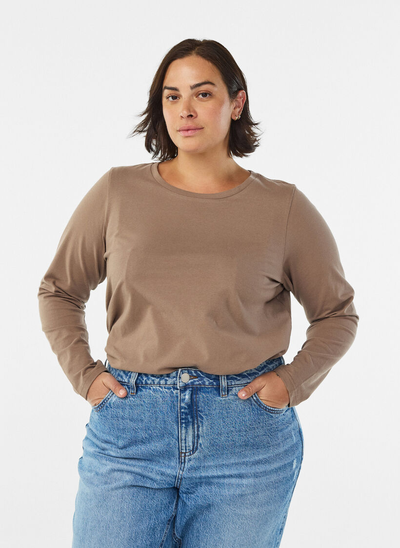 Basic Bluse aus Jersey mit langen Ärmeln, Braun, Model image number 0
