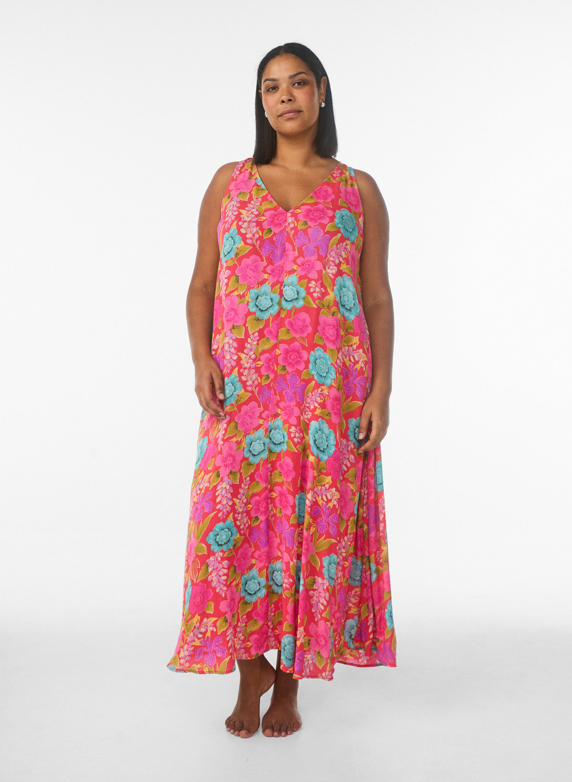 Zizzi&Auml;rmelloses Maxikleid in A-Linie mit V-Ausschnitt, Rot, Model image number 0