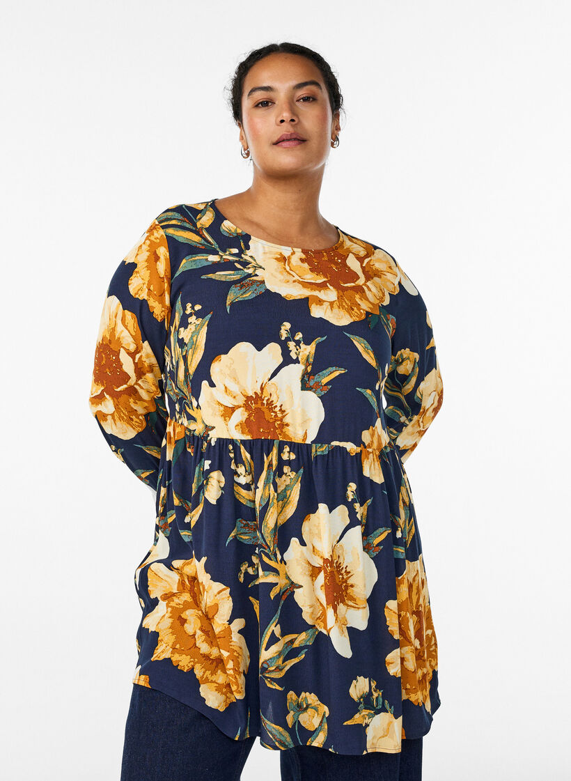 Lang&auml;rmelige Tunika mit Teilungsnaht, Blau, Model image number 0