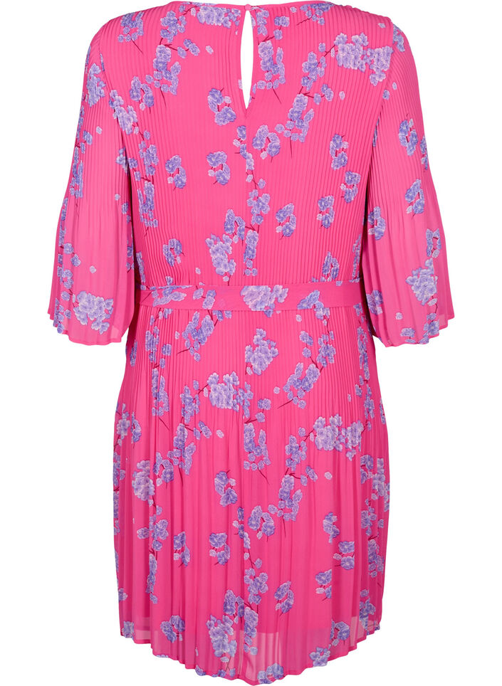 Plisseekleid mit Bindeband und Print, Beetroot Purple AOP, Packshot image number 1