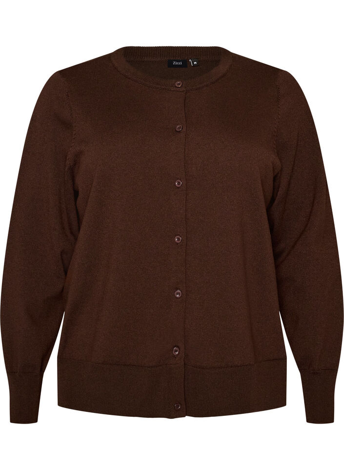 Feinstrick-Strickjacke mit Rundhalsausschnitt, Braun, Packshot image number 0