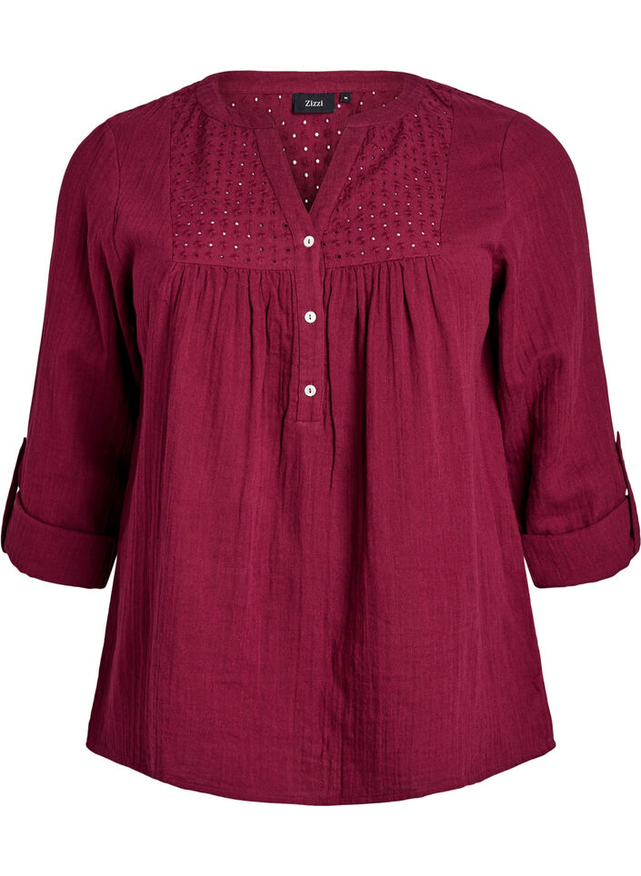 Bluse aus Baumwollmusselin mit Lochstickerei, Dunkles Bordeaux, Packshot image number 0