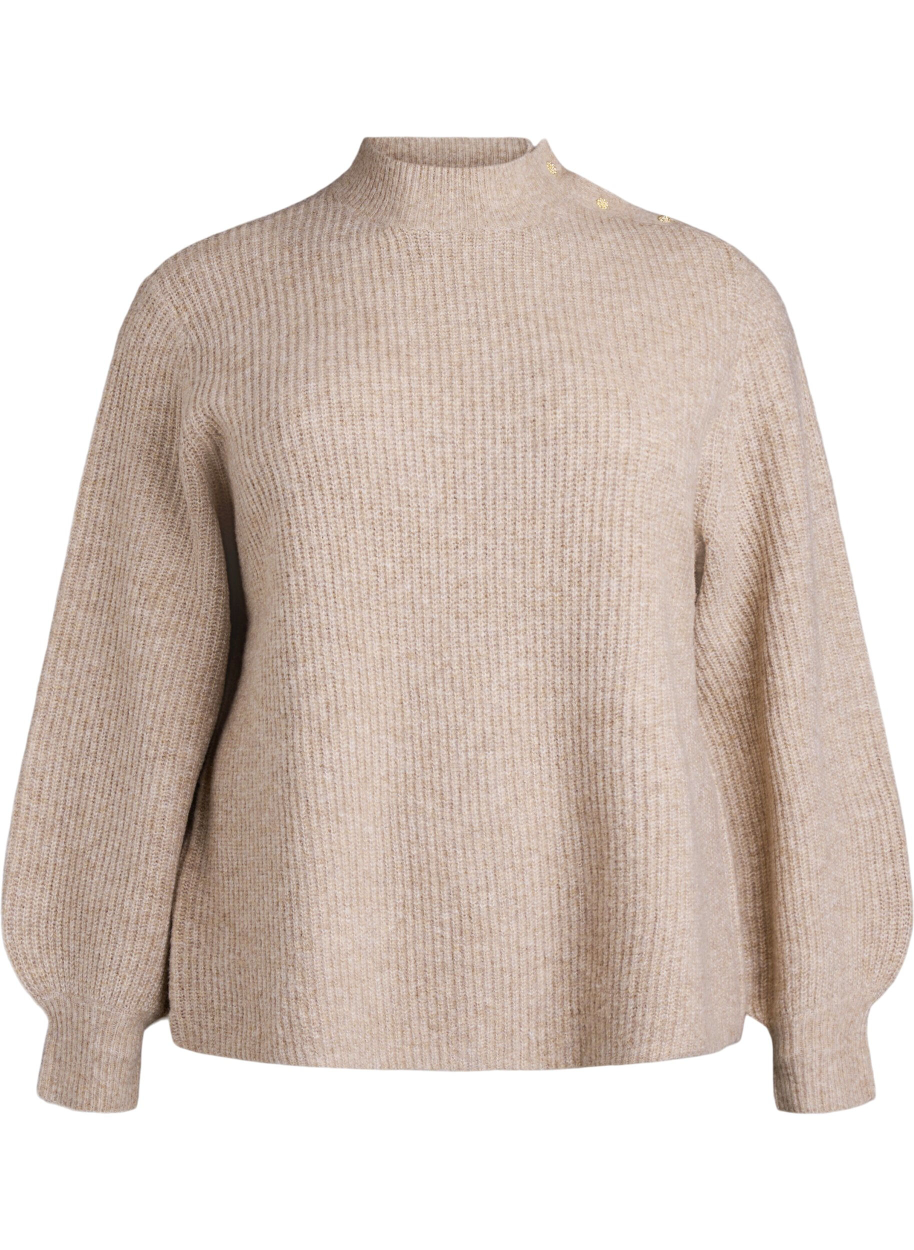 ZizziPullover aus Rippstrick mit Puff&auml;rmeln und Kn&ouml;pfen, Beige, Packshot image number 0