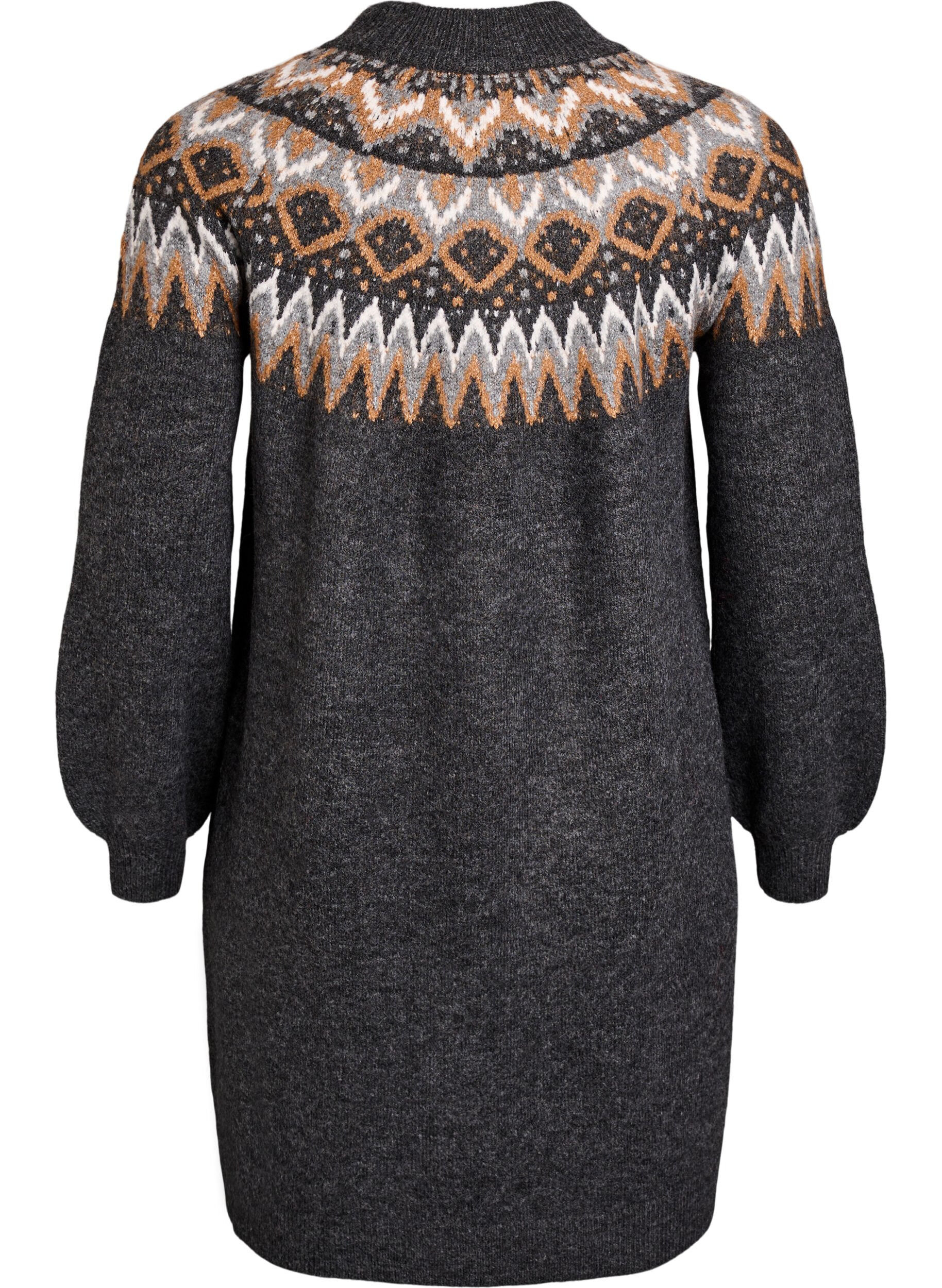 ZizziStrickkleid mit Jacquardmuster und Ballon&auml;rmeln, Grau, Packshot image number 1