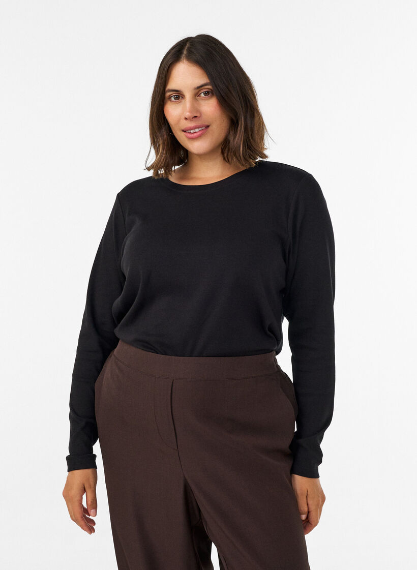 Langarm-Basic-T-Shirt mit Rundhalsausschnitt, Schwarz, Model image number 0