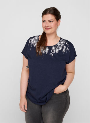 T-Shirt aus Baumwolle mit Printdetails, Night Sky FLOWER, Model image number 0