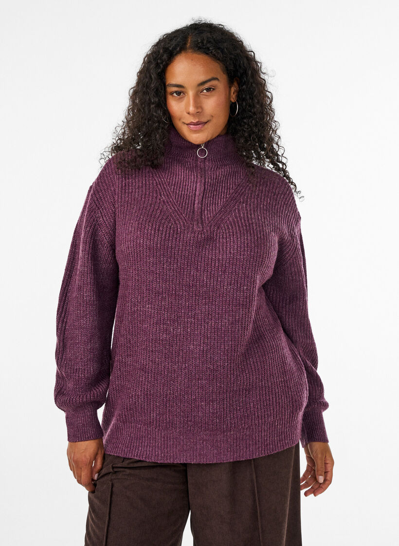 Strickpullover mit hohem Kragen und Rei&szlig;verschluss, Lila, Model image number 0