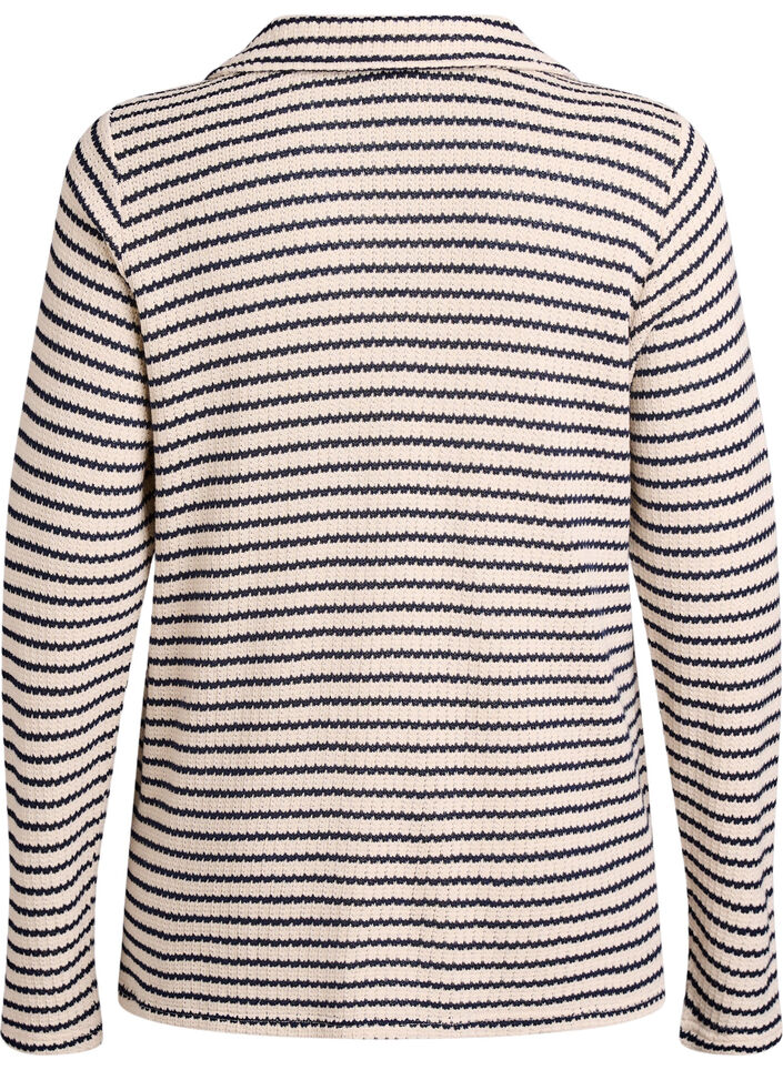 Gestreifte Bluse aus Jersey mit Kragen und V-Ausschnitt, Beige, Packshot image number 1