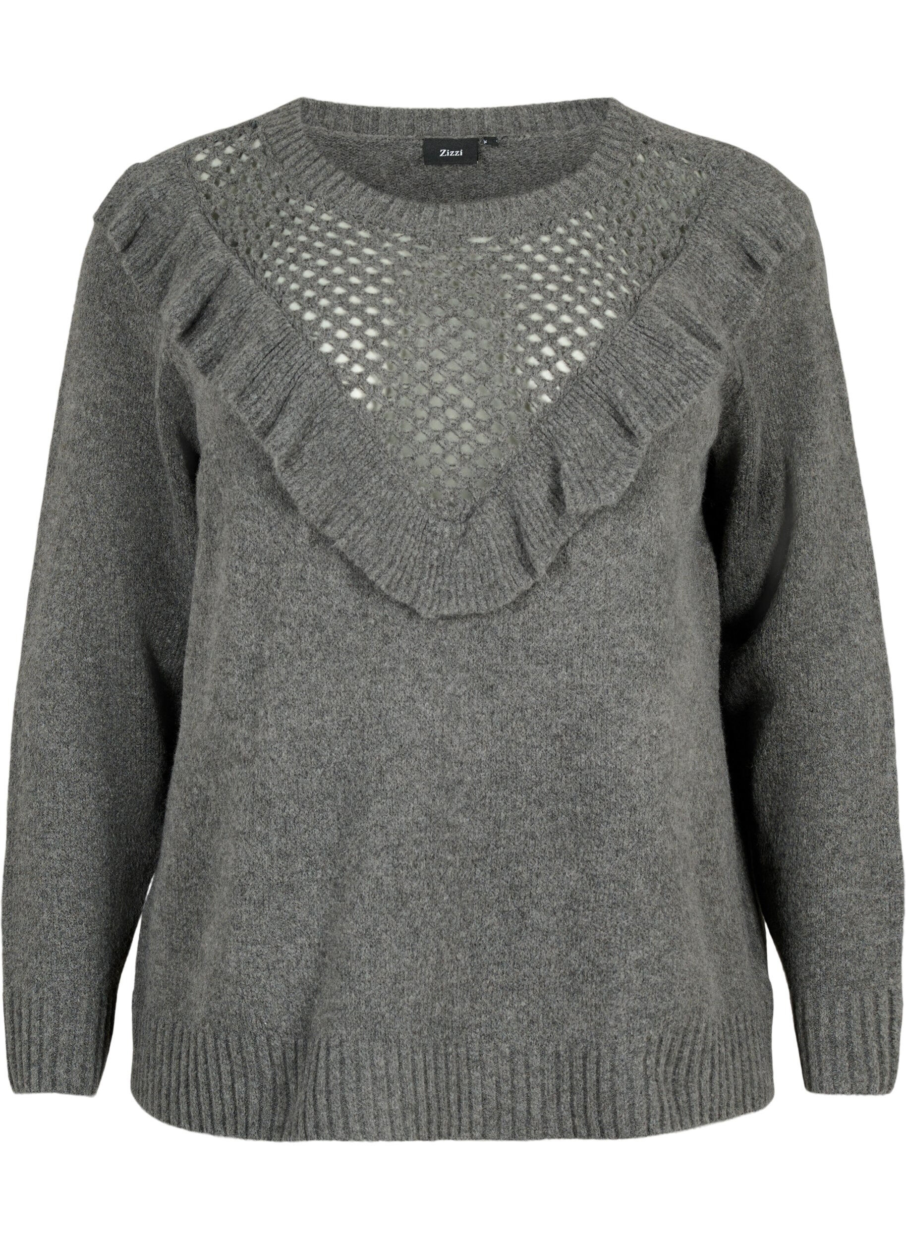 ZizziGestrickter Wollpullover mit R&uuml;schendetail, Dark Grey Melange, Packshot image number 0