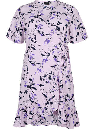 Wickelkleid mit Print und kurzen Ärmeln, Purple AOP, Packshot image number 0