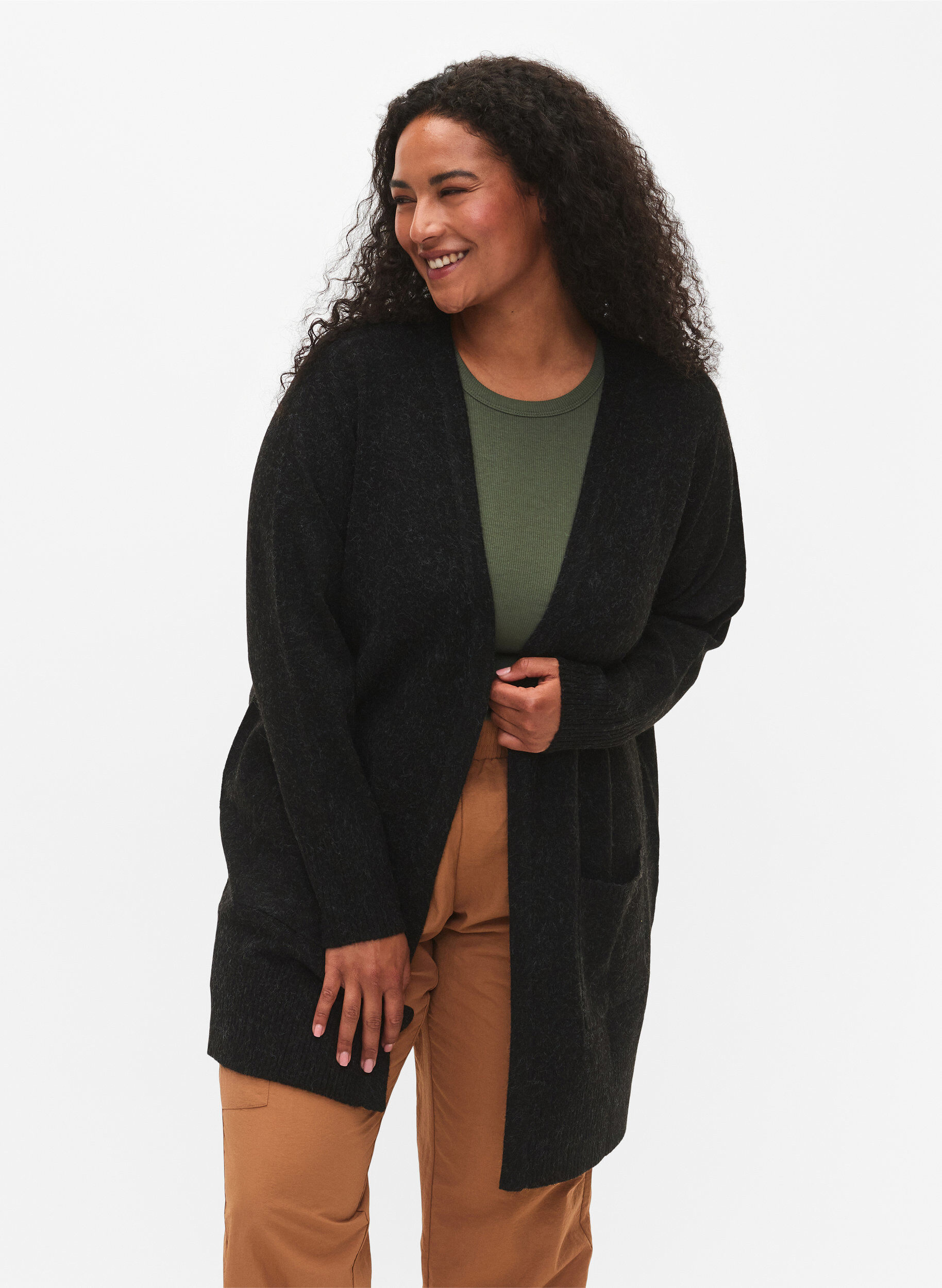 ZizziGemusterter Strickcardigan mit Taschen, Grau, Model image number 0