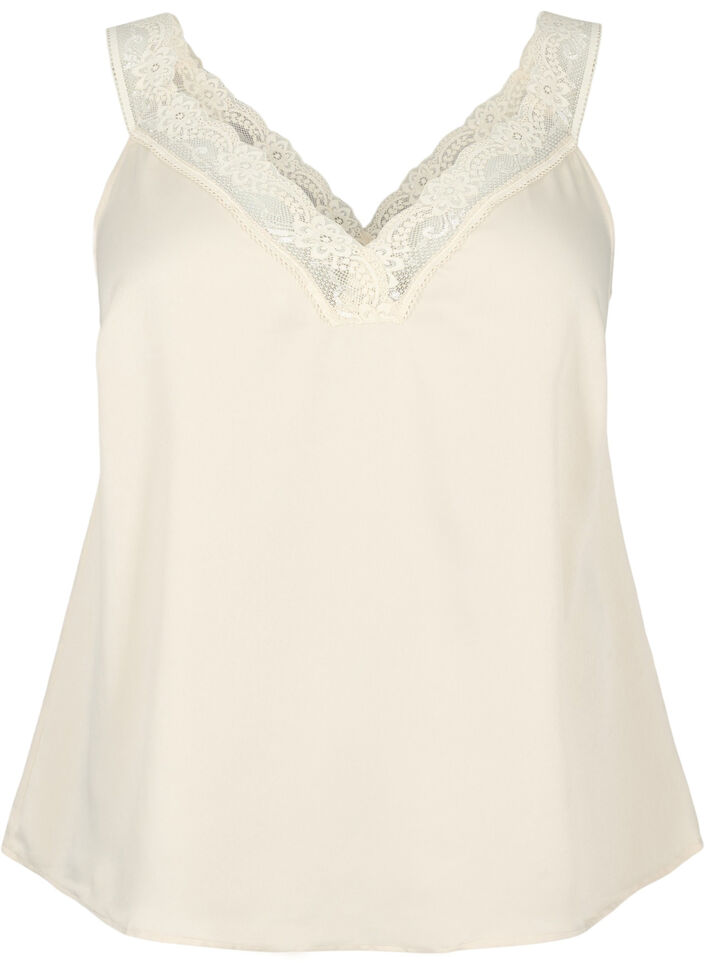 FLASH – Top mit V-Ausschnitt und Spitzenkante, Fog, Packshot image number 0