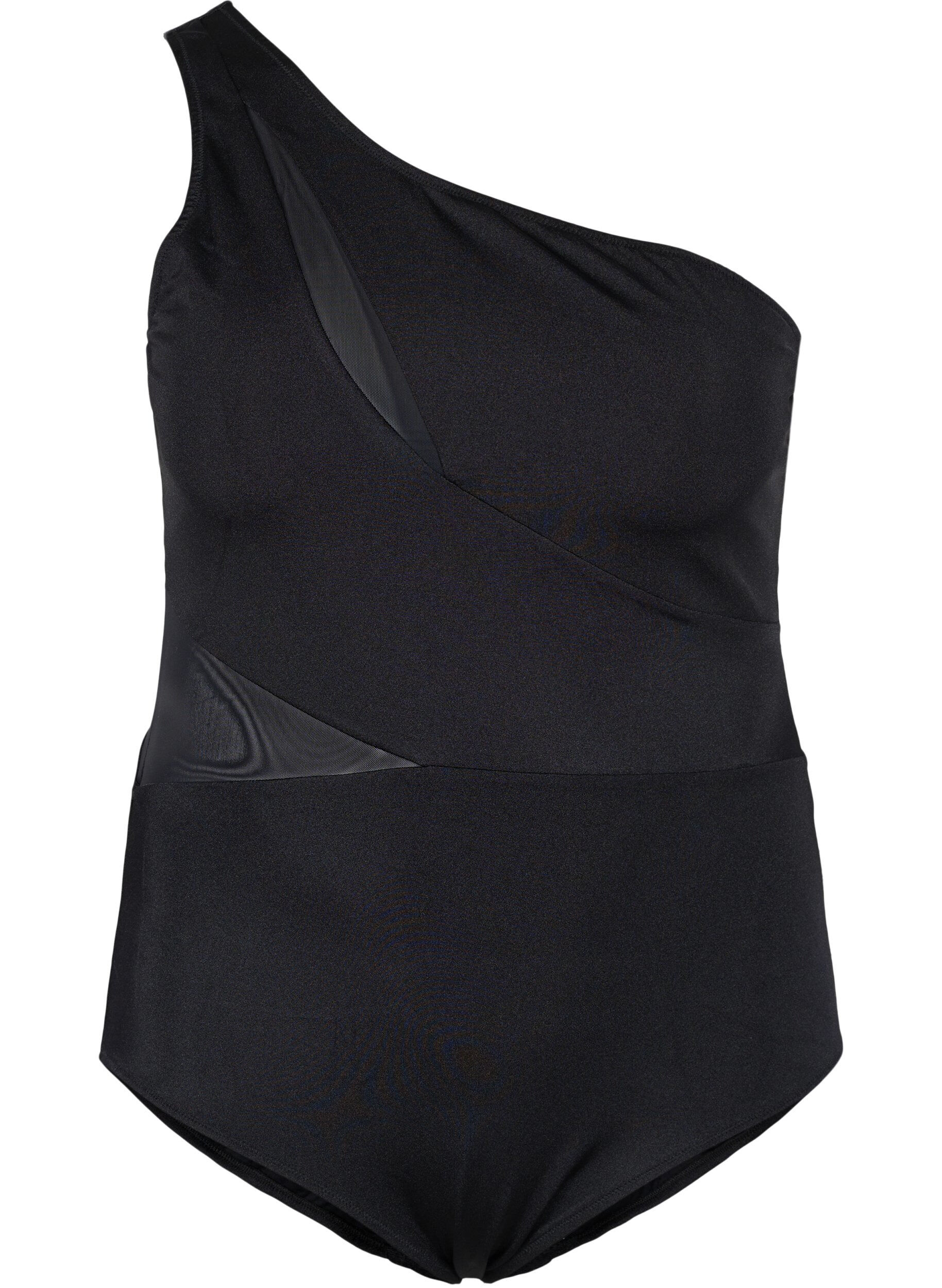 ZizziOne-Shoulder-Badeanzug mit Mesh, Black, Packshot image number 0