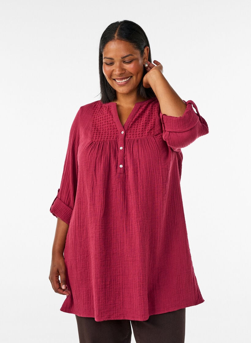 Tunika aus Baumwollmusselin mit Broderie Anglaise, Rot, Model image number 0