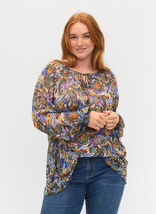Langärmelige Bluse mit Bindeband am Halsausschnitt, Vibrant Leaf, Model image number 0